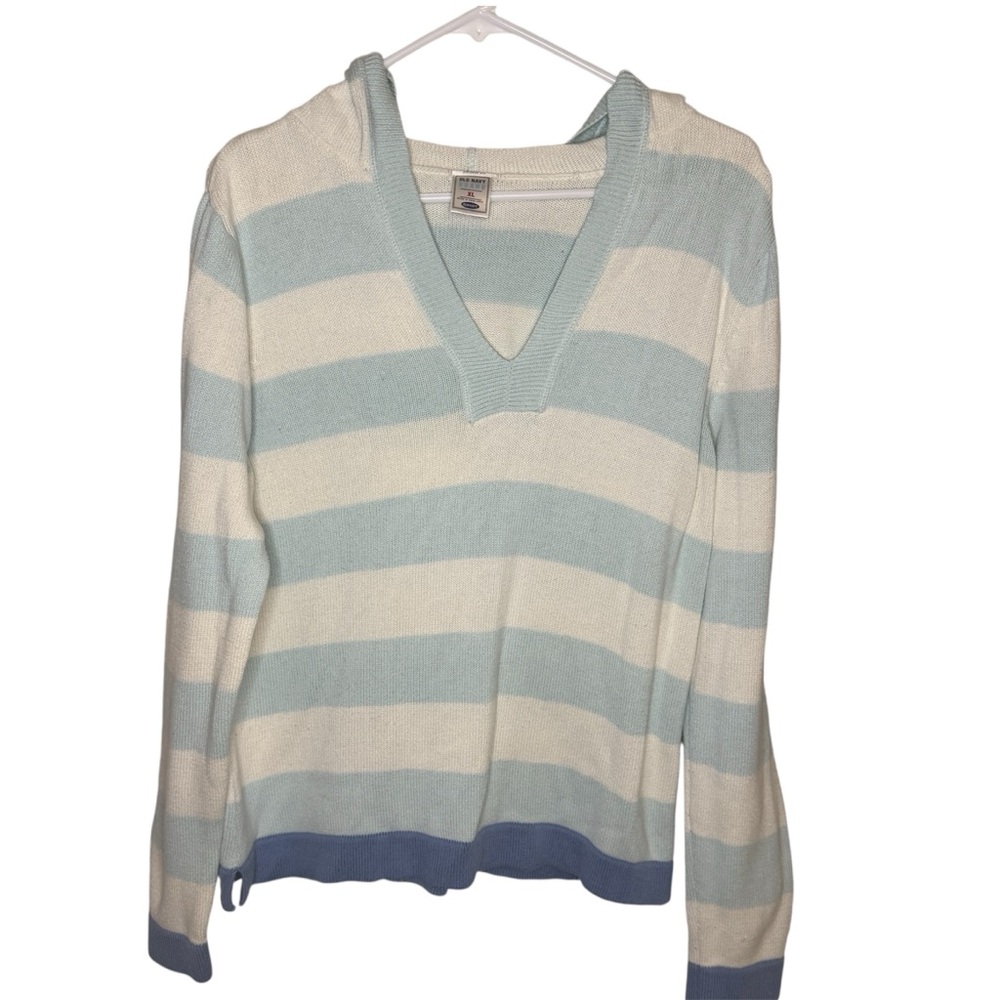Old Navy Women's Hooded V-Neck Sweater in Blue and Cream Stripes Size XL